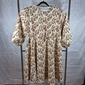 Dainty Jewells Dress Floral Corduroy Puff Sleeve XL Cream Brown Women